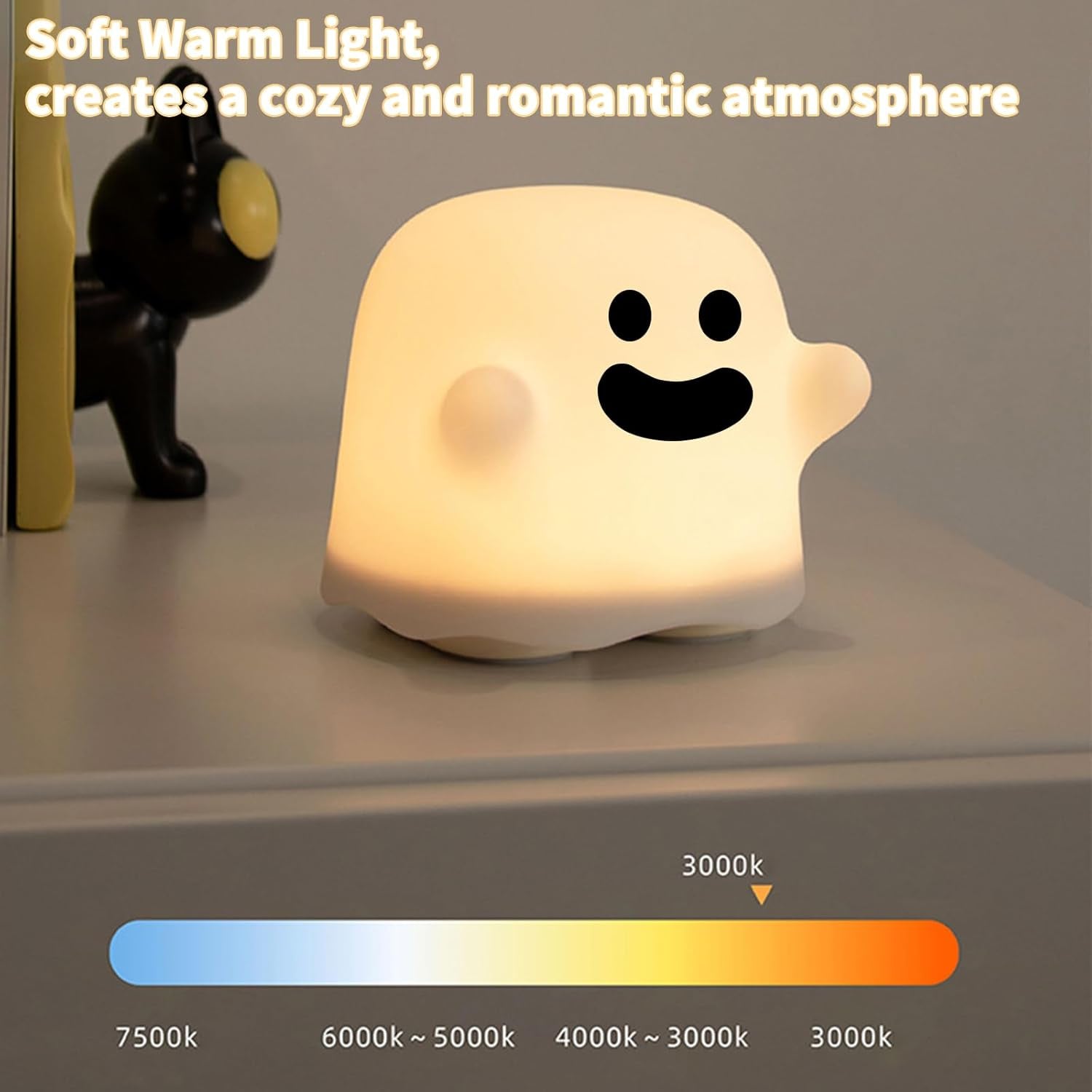 Ghost Night Light, Cute White Night Lamp for Kids Bedroom USB Rechargeable Lamps Adjustable Brightness, Bedside Delay-Off Nightlight for Women Birthday Gift Halloween Christmas
